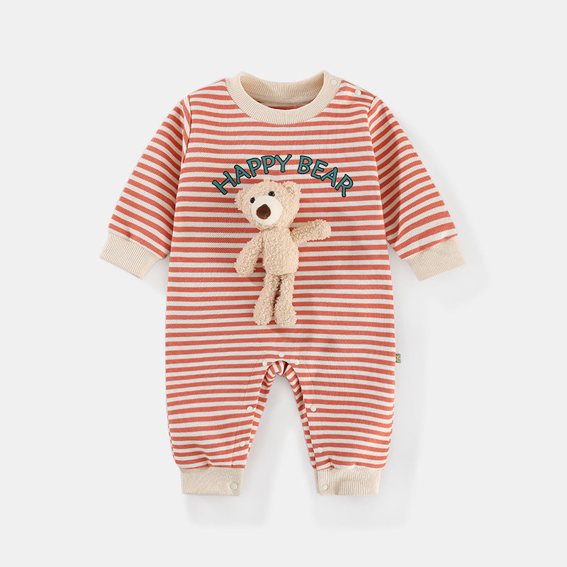 Baby Jumpsuit Autumn New Men And Women Baby Striped Three-Dimensional Bear Romper Long Sleeve Spring And Autumn Baby Clothes