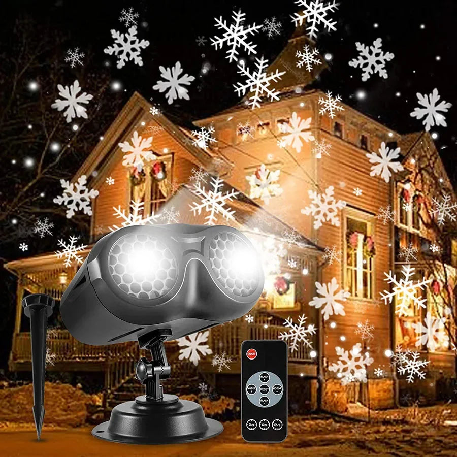 Double-Head Christmas Snowfall Projector Light Snowflake Projector Lamp Outdoor Holiday Party Rotating Falling Snow Spotlight