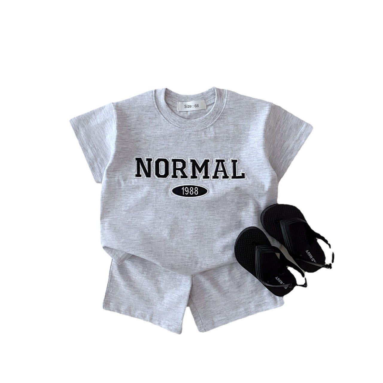 Korean Version Ins Children's Clothing Solid Color Cotton Casual Short-Sleeved Suit Baby Letter Embroidery T-Shirt Shorts