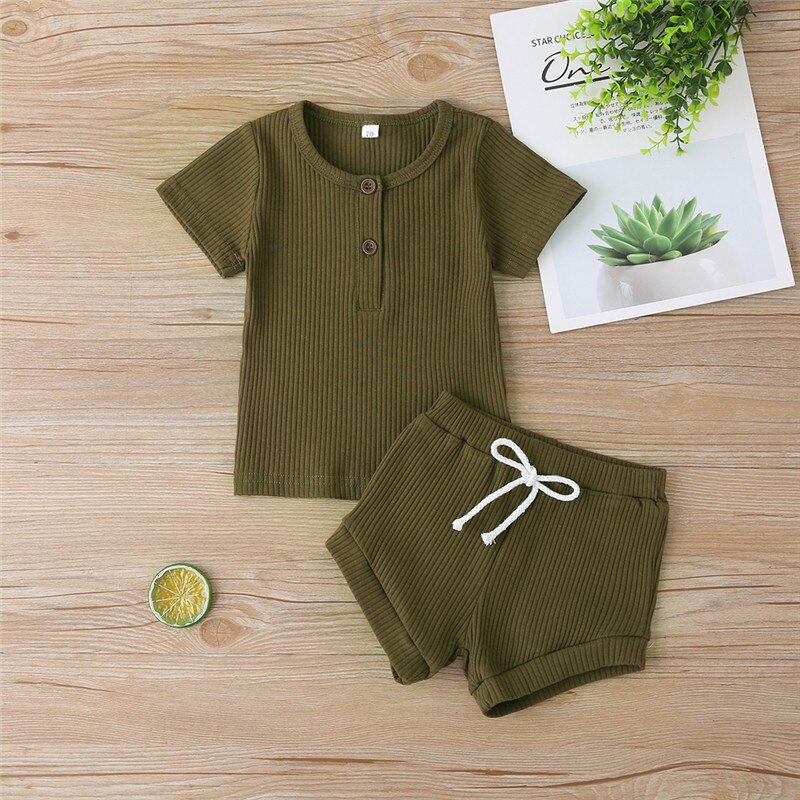 Toddler Baby Boys Girls Summer Clothes Newborn Ribbed Knitted Baby Button T-shirts Tops+Shorts Infant Clothing Outfits Sets