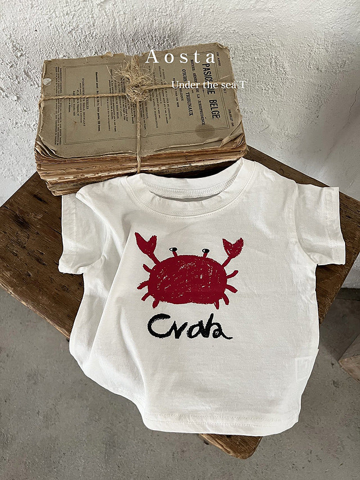 Korean Version Ins Baby Children's Clothing Cartoon Cotton Short Sleeve T-Shirt Summer Baby Crab Casual Cartoon Bottoming Shirt