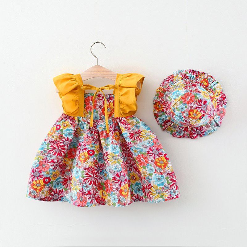 Children's Clothing New Girl's Floral Flying Sleeve Dress Baby Summer Dress To Free Hat