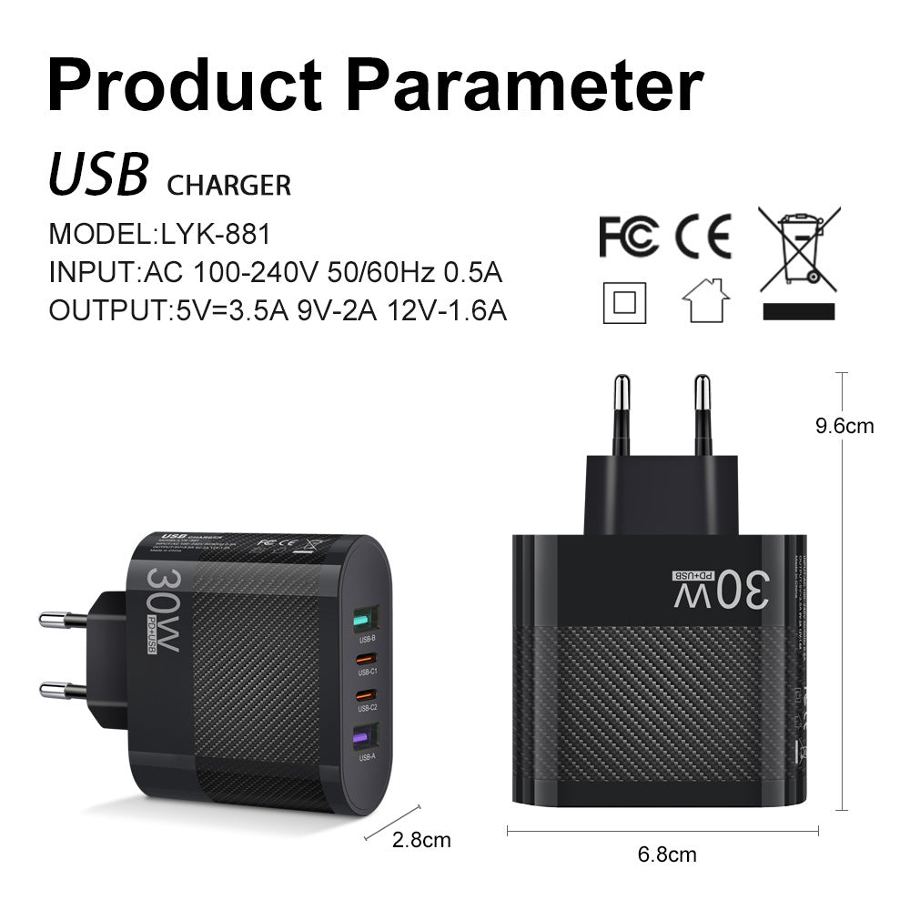 2USB Type-C 30W Mobile Phone Charger Multi Interface Travel Charging Head