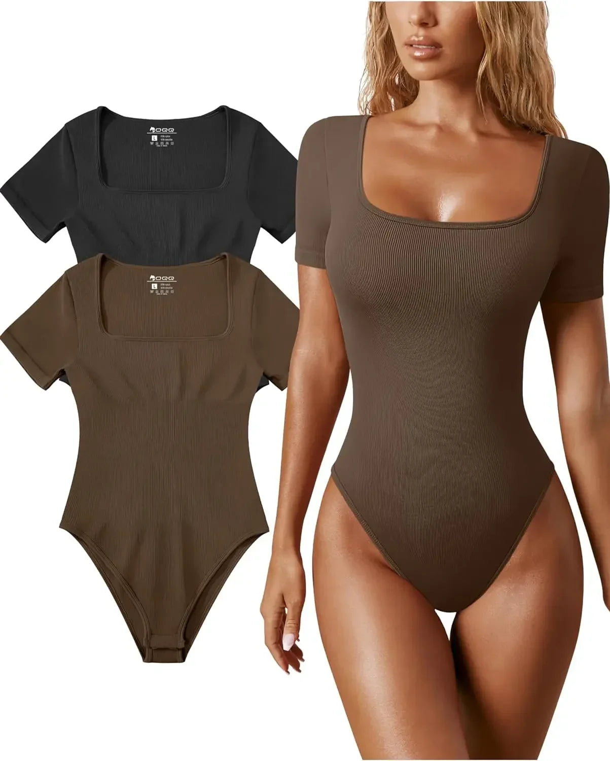 Women's Bodysuits Sexy Ribbed One Piece Square Neck Short Sleeve