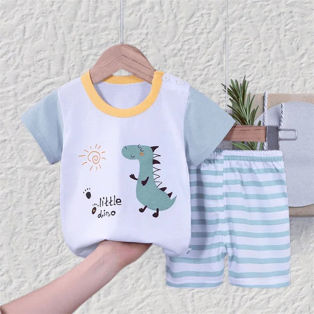 T-shirt+Shorts 2-Piece Clothing Set Pajamas Summer Kids Baby Boys Girls Cotton Casual Tracksuit Cartoon Dinosaur Clothes Suit