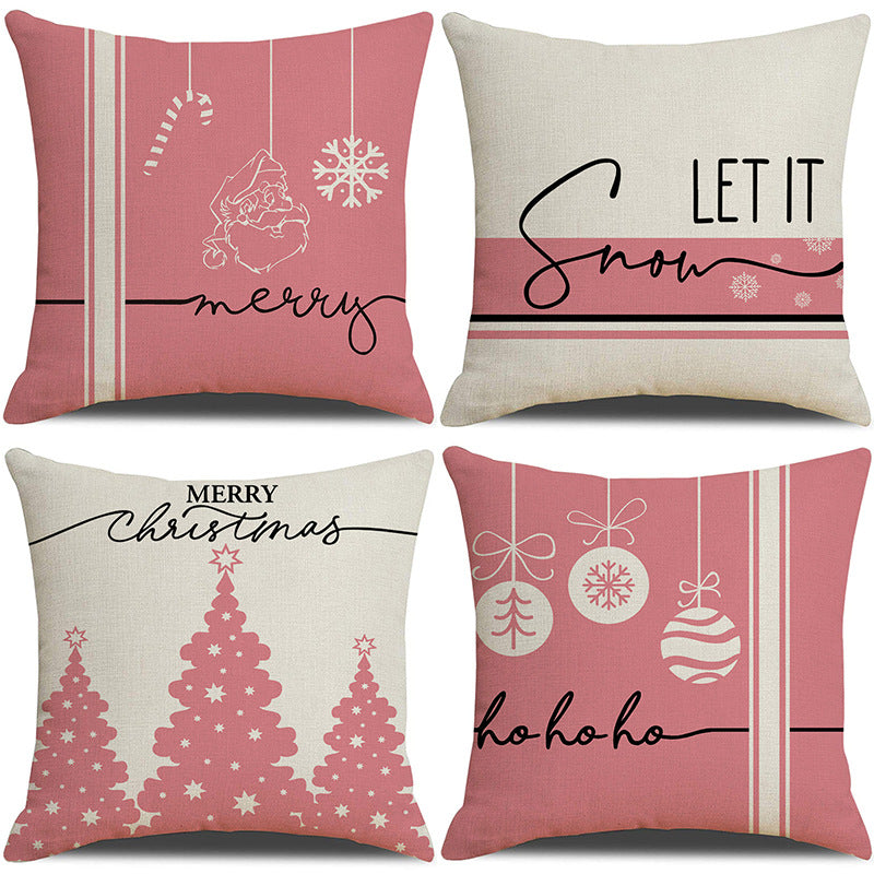 Pink cartoon Christmas linen pillowcase, sofa cushion, home goods pillowcase