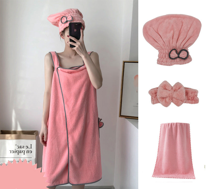 Coral Fleece Bath Skirt Can Be Worn Thickened Ladies Tube Top Sling Magic Bath Towel Adult Beach Towel Shower Cap 4-Piece Set