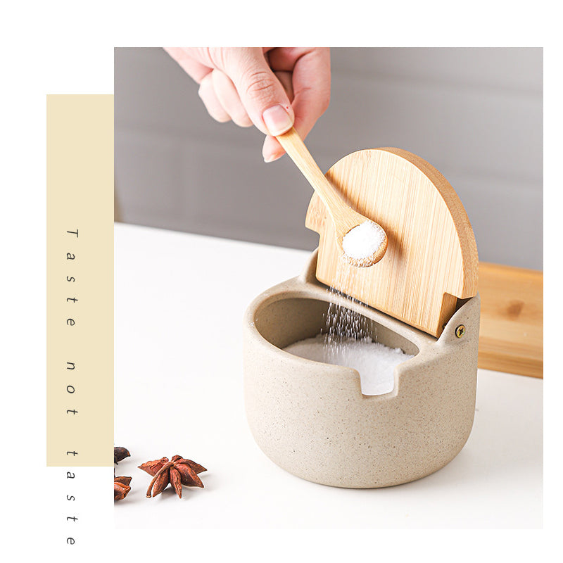 Japanese Ceramic Bamboo and Wood Lid Seasoning Jar Seasoning Box Kitchen Seasoning Storage Jar Salt Sugar Jar Set