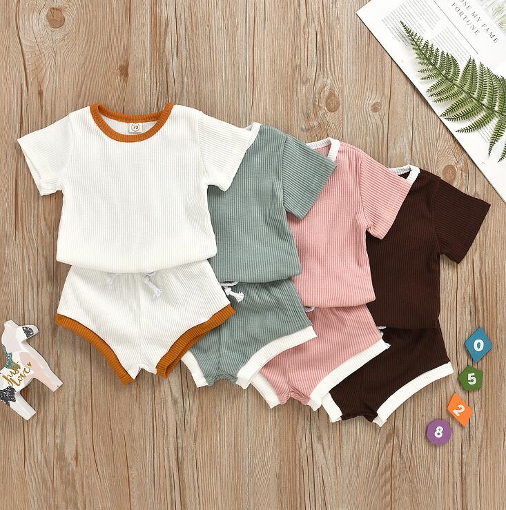 2020 Toddler Baby Boys Girls Summer Clothing Newborn Kids Baby Girls Ribbed Knitted Short Sleeve T-shirts+Shorts Tracksuits Sets