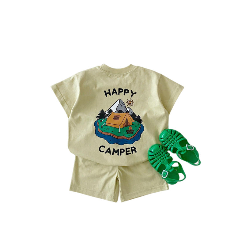 Korean Version Of Ins Children's Clothing Candy Colored Cotton Casual Short Sleeve Suit Baby Camping Tent T-Shirt Shorts