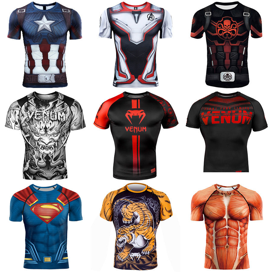 Avengers Alliance 4 Captain America 3D Printing Fish Scale Battle Suit Marvel T-Shirt Men's Short-Sleeved Sports Fitness Tight