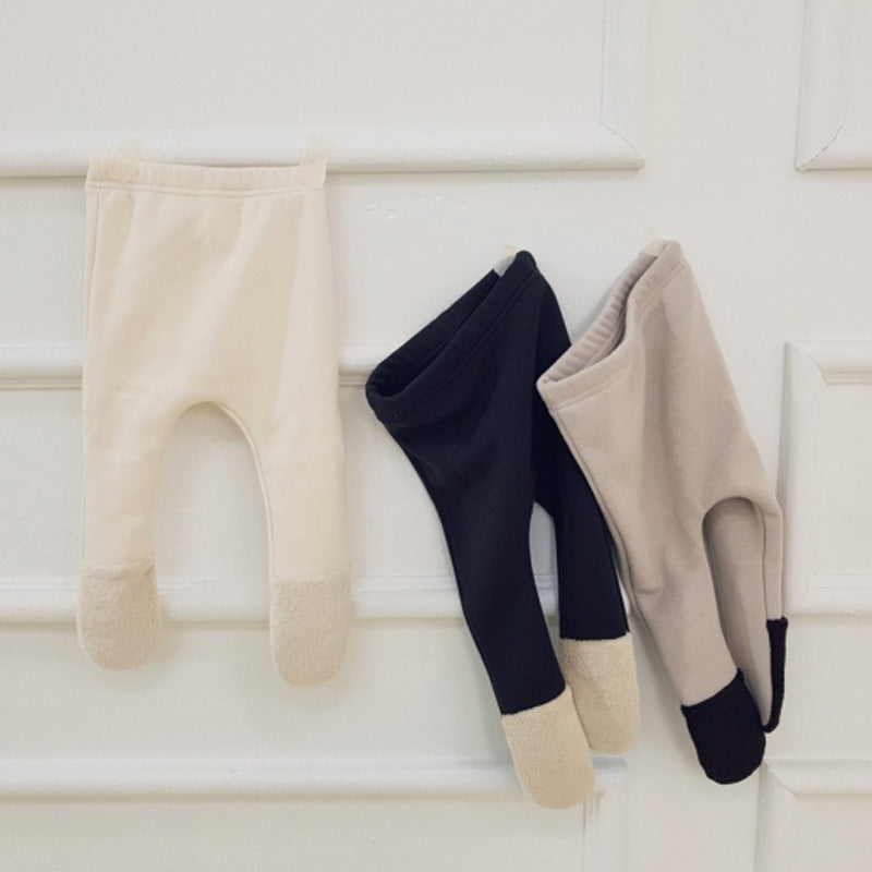 New stitching baby simple wild plus velvet pantyhose baby plush foot leggings winter tights