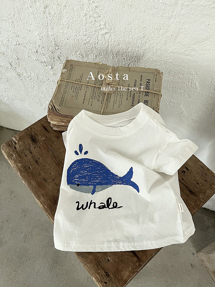 Korean Version Ins Baby Children's Clothing Cartoon Cotton Short Sleeve T-Shirt Summer Baby Crab Casual Cartoon Bottoming Shirt