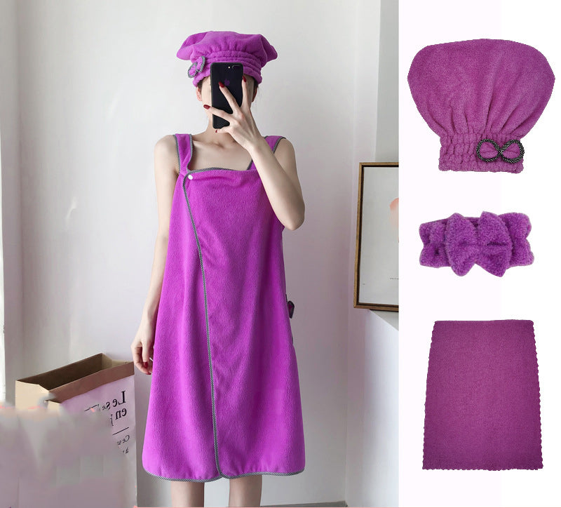 Coral Fleece Bath Skirt Can Be Worn Thickened Ladies Tube Top Sling Magic Bath Towel Adult Beach Towel Shower Cap 4-Piece Set