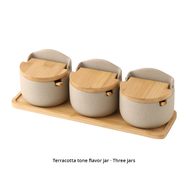 Japanese Ceramic Bamboo and Wood Lid Seasoning Jar Seasoning Box Kitchen Seasoning Storage Jar Salt Sugar Jar Set