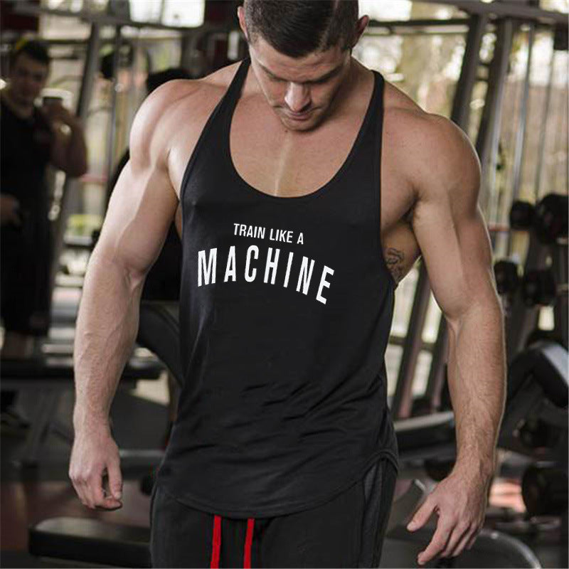 Bodybuilding and fitness vest printed with fine straps deep digging weightlifting pure cotton vest training suit