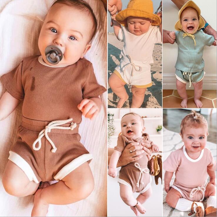 2020 Toddler Baby Boys Girls Summer Clothing Newborn Kids Baby Girls Ribbed Knitted Short Sleeve T-shirts+Shorts Tracksuits Sets