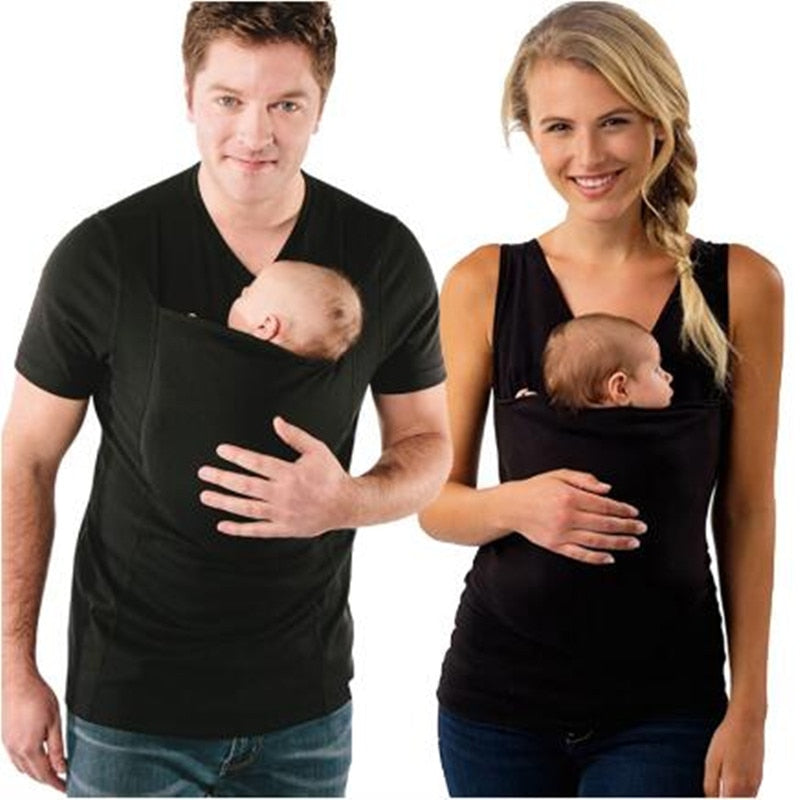 Multifunction Shirts Plus Size Baby Carrier Clothing Kangaroo T-Shirt For Father Mother With Baby Short-sleeve Big Pocket Tops