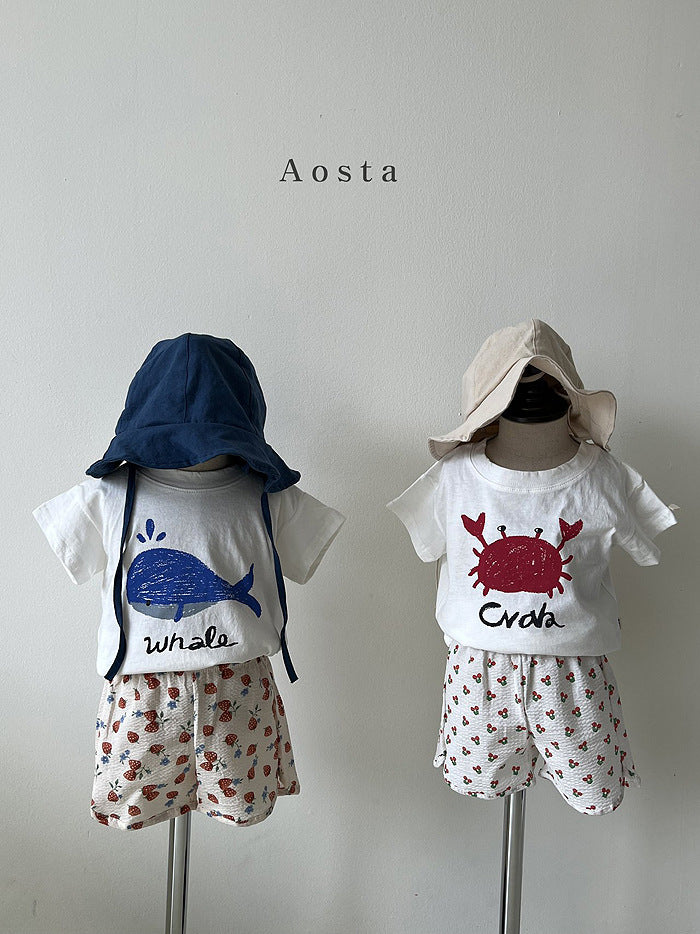 Korean Version Ins Baby Children's Clothing Cartoon Cotton Short Sleeve T-Shirt Summer Baby Crab Casual Cartoon Bottoming Shirt