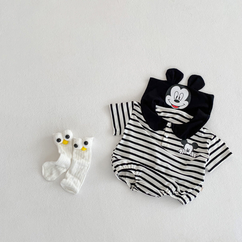 New Baby Rompers Ins Explosion Children's Clothing Cartoon Printing Striped Lapel Jumpsuit Male Baby Romper