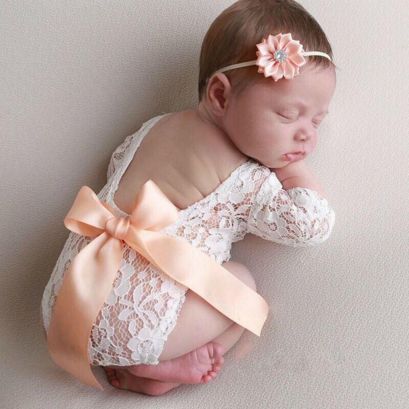 Newborn Baby Photography Props Clothes Bodysuits Cute Lovely Lace Bow Toddler Baby Photo Clothing+Hair Band 2Pcs Set Costumes