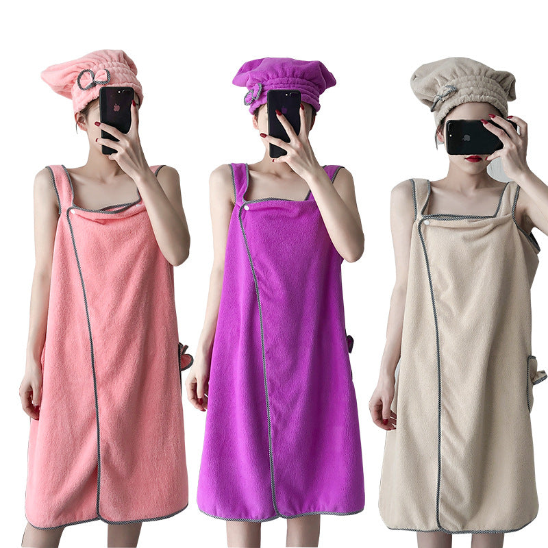 Coral Fleece Bath Skirt Can Be Worn Thickened Ladies Tube Top Sling Magic Bath Towel Adult Beach Towel Shower Cap 4-Piece Set