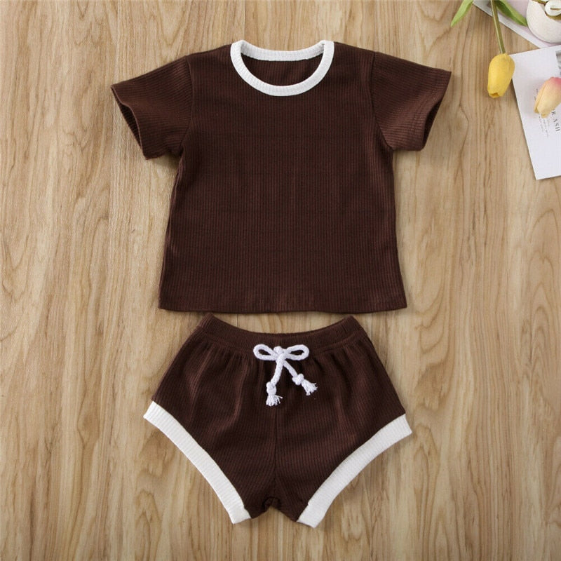 2020 Toddler Baby Boys Girls Summer Clothing Newborn Kids Baby Girls Ribbed Knitted Short Sleeve T-shirts+Shorts Tracksuits Sets