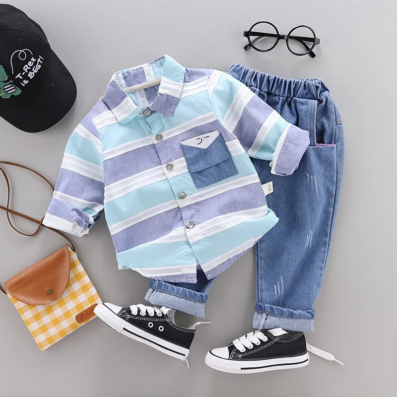 Fashion baby boys clothes spring children clothing gentleman baby boy striped shirt+jeans 2pcs set Newborn baby boy clothes