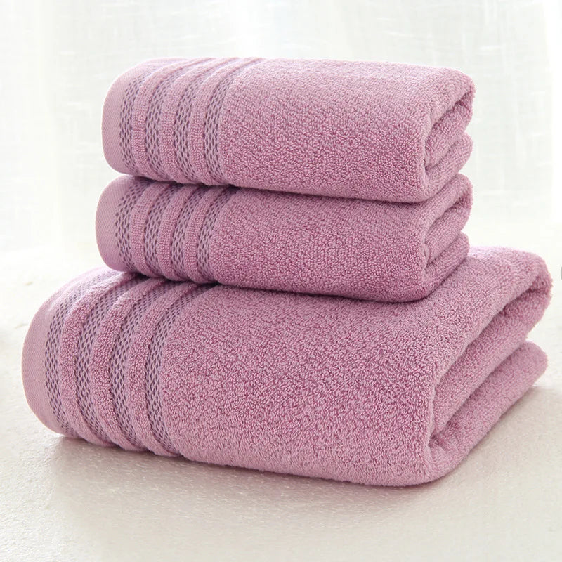 New Stripe Cotton Towel Bath Towel of Three Sets Solid Color Thicken Bathroom Towels Set